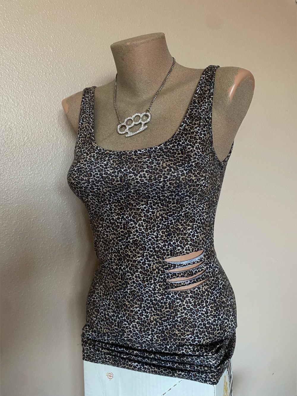 Upcycled Leopard Print Fitted Tank Top with Cut Out Back
